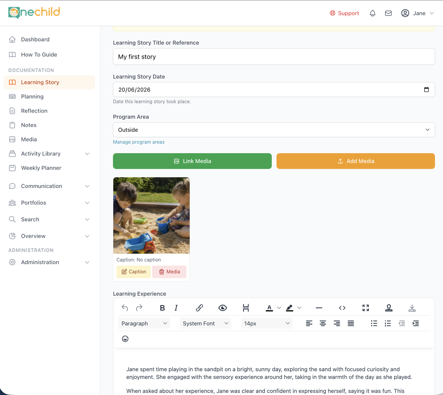 The One Child learning story editor